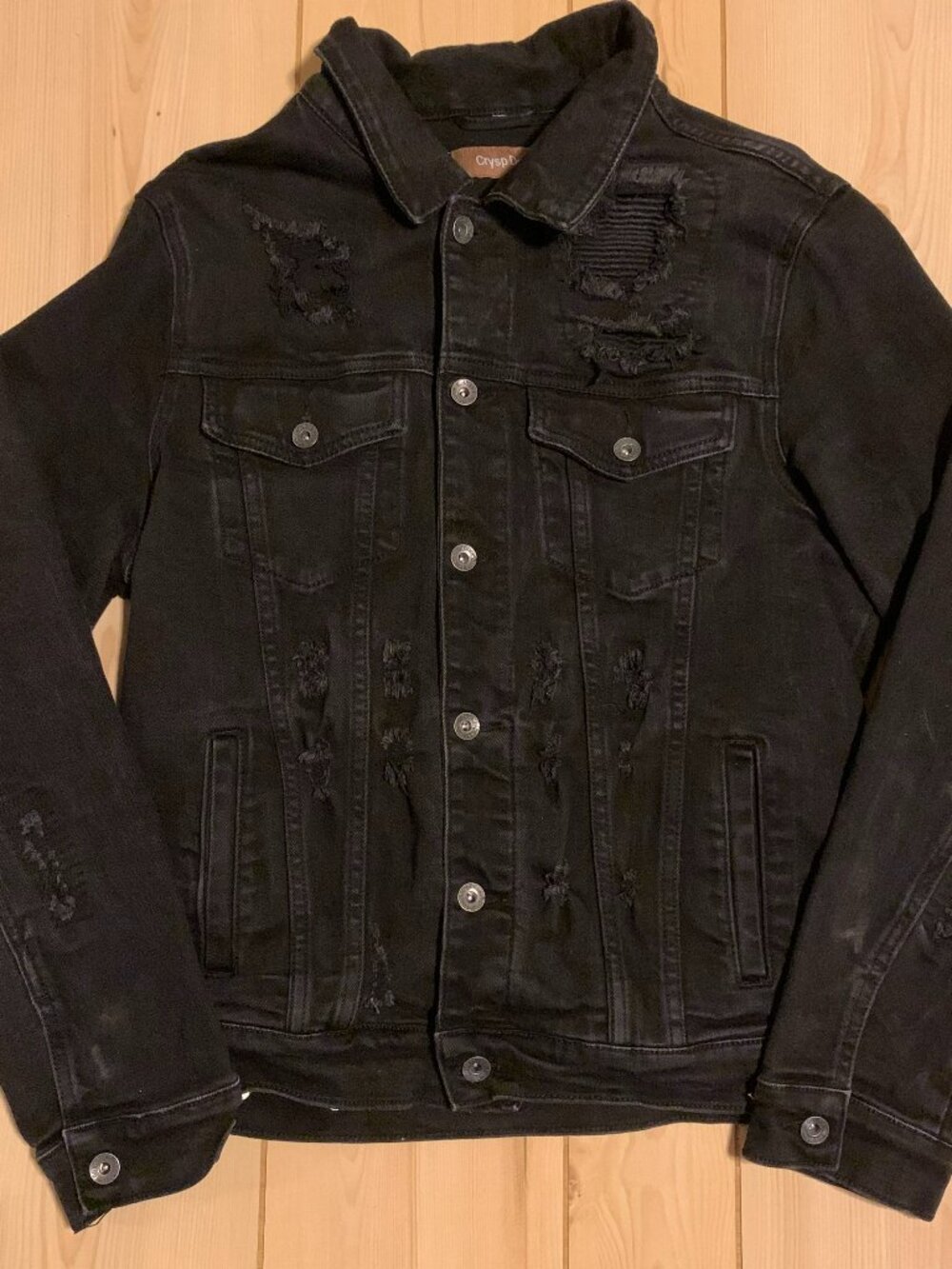 Crysp Denim Distressed Ripped Jean Button Up Grunge Punk Alternative Jacket L